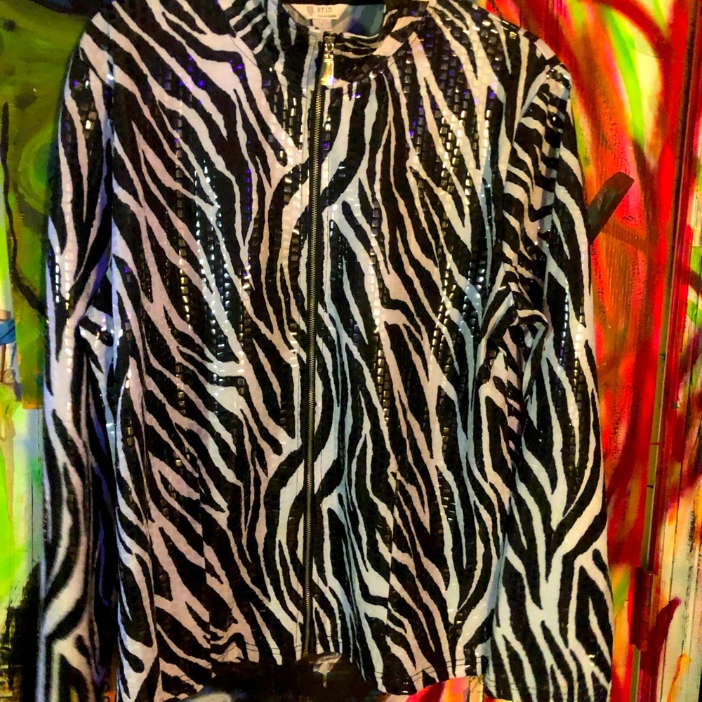Zebra print sequin zipper jacket new